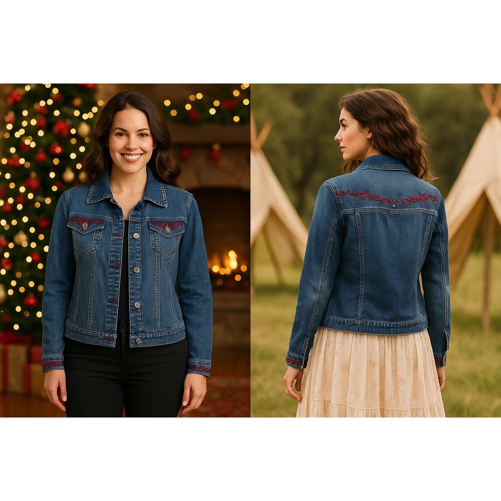 Ethyl Denim Jacket Women's Medium Embroidered Boho Western Studded‎ Jean Coat